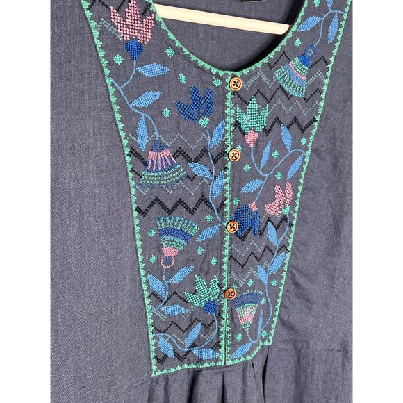 Gudrun Sjödén Linen Embroidered 3/4 Sleeve Midi Dress Navy Blue Women's Size S - Picture 5 of 9